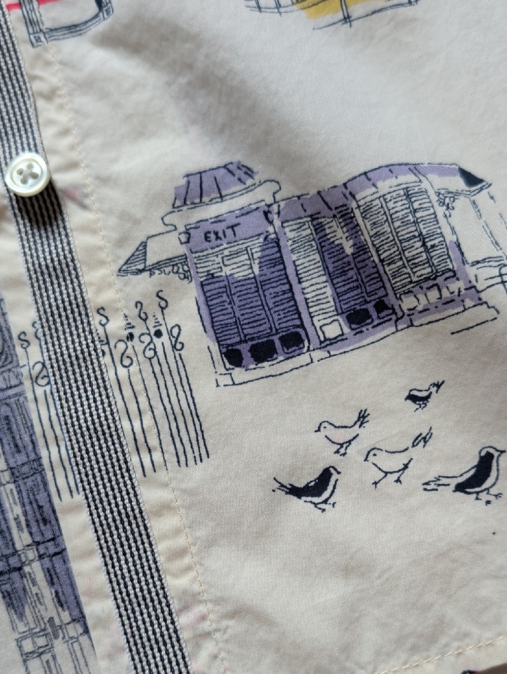 Anglophile Cream Cityscape Print Button-Up Shirt Big Ben London Eye Toile - Picture 10 of 15